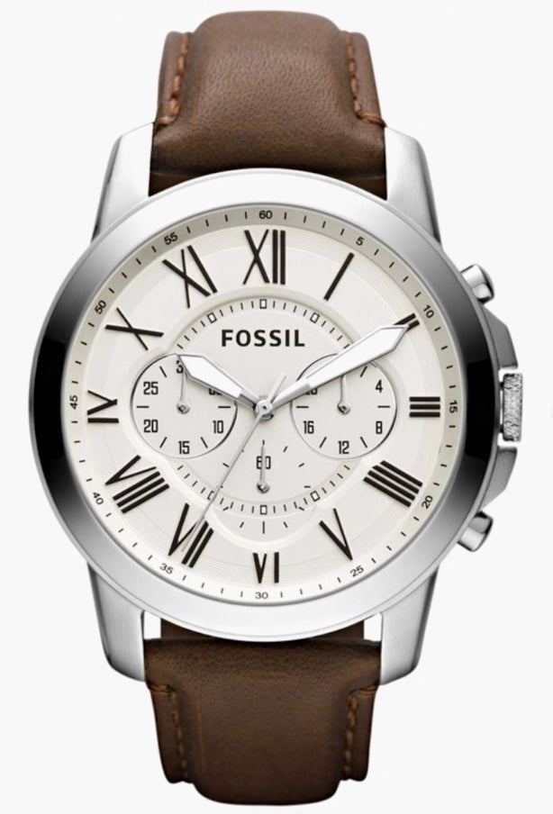 Fossil Grant Chronograph – Silver Case & Brown Leather Strap