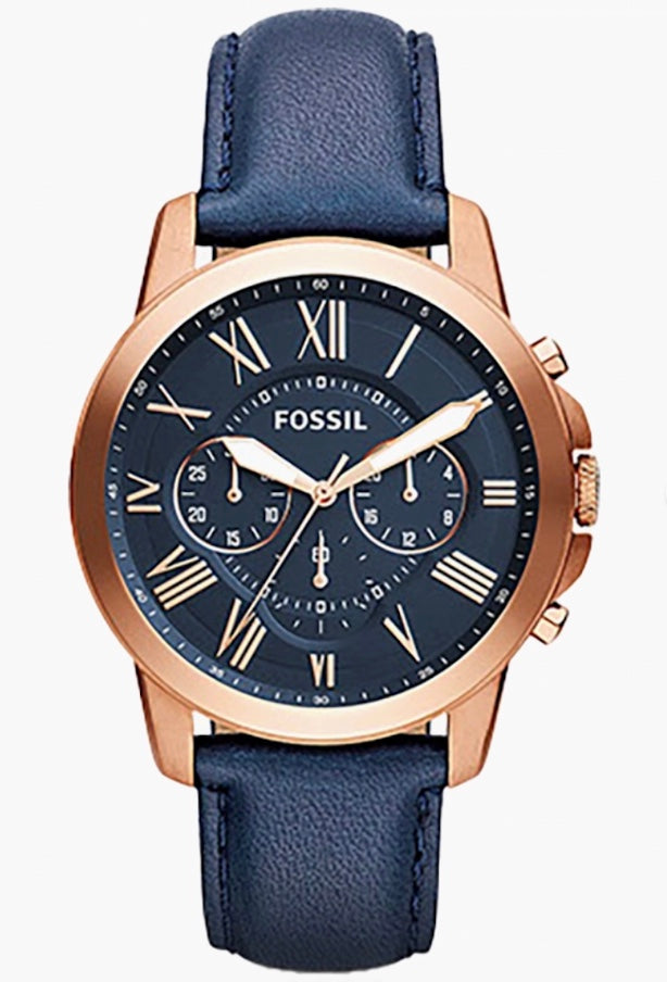 Fossil Grant Chronograph – Rose Gold Case & Navy Blue Leather Strap