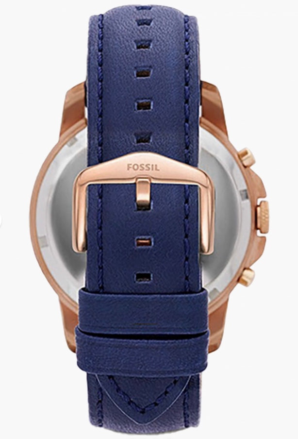 Fossil Grant Rose Gold Chronograph case back with navy strap