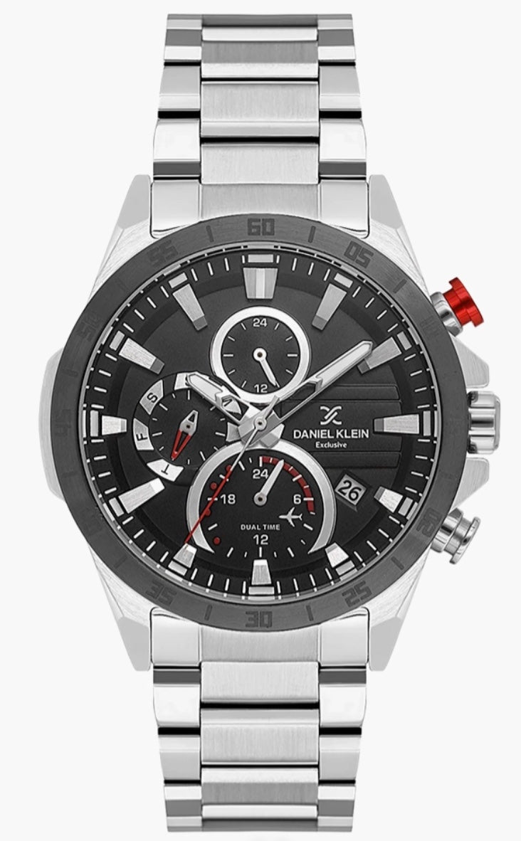 Daniel Klein Exclusive chronograph side view — stainless steel bracelet with red pusher detail