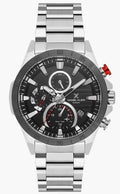 Daniel Klein Exclusive chronograph side view — stainless steel bracelet with red pusher detail