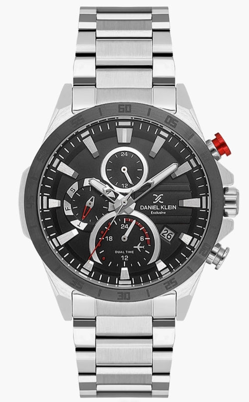 Daniel Klein Exclusive chronograph side view — stainless steel bracelet with red pusher detail