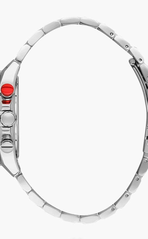 Daniel Klein Exclusive chronograph front view — black dial with red crown pusher