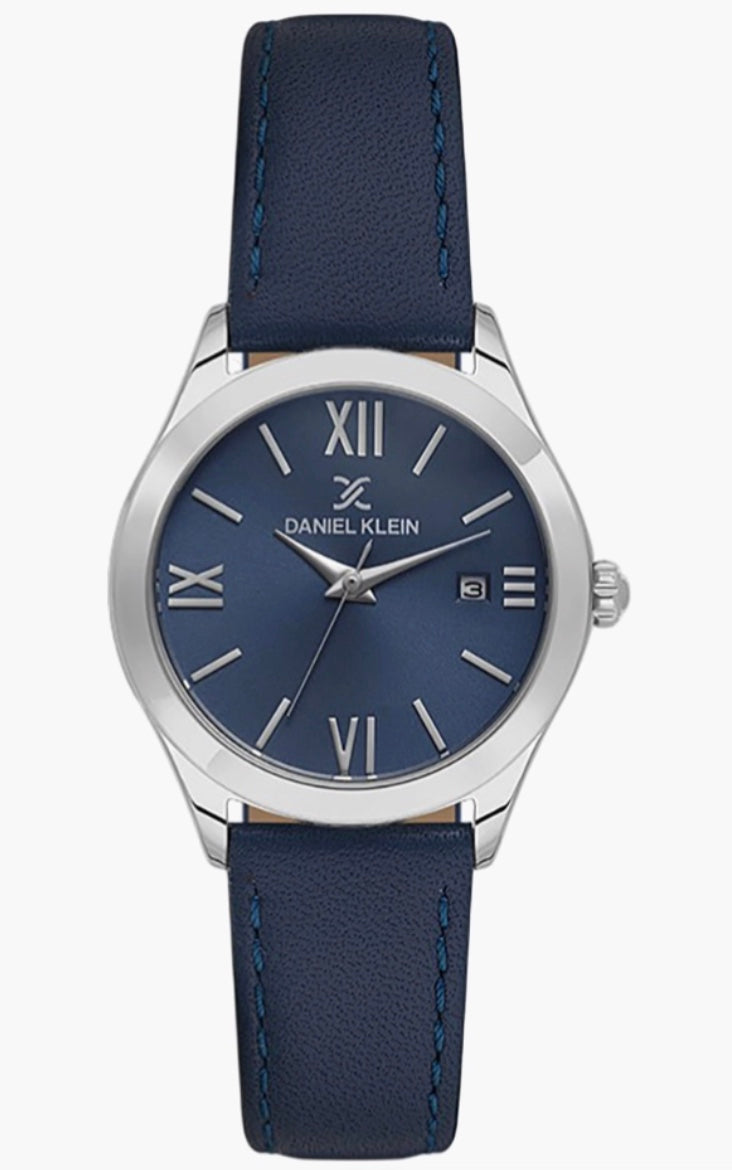 Daniel Klein ladies watch front view — blue sunray dial with Roman numerals