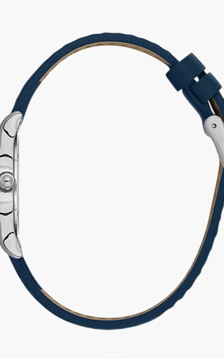 Daniel Klein ladies watch side view — navy blue leather strap