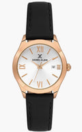 Daniel Klein ladies watch side view — black leather strap with rose gold hardware
