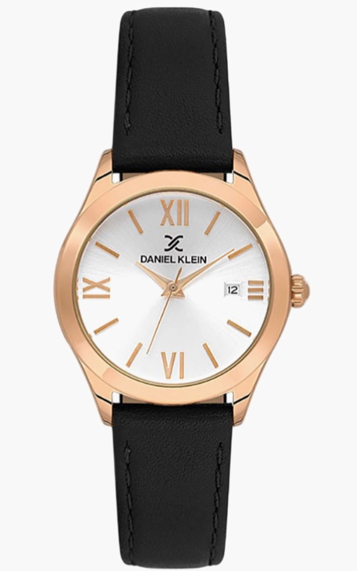 Daniel Klein ladies watch side view — black leather strap with rose gold hardware