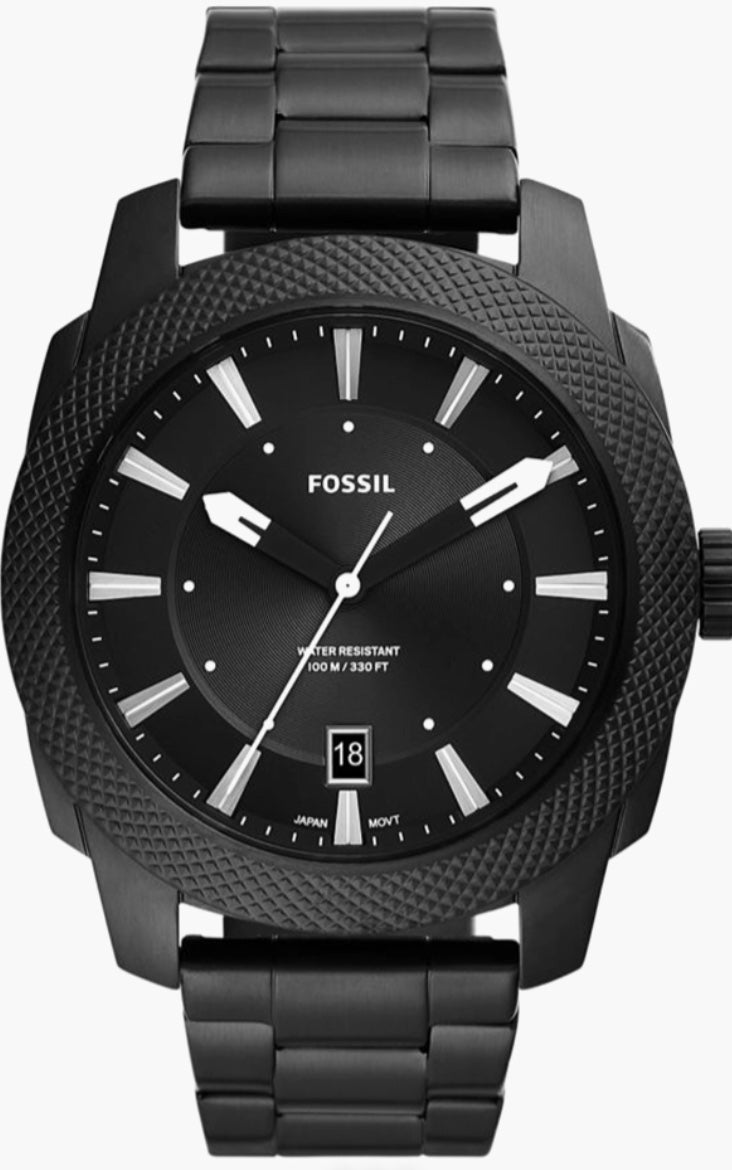 Fossil Machine all-black watch side view — matte black case and crown