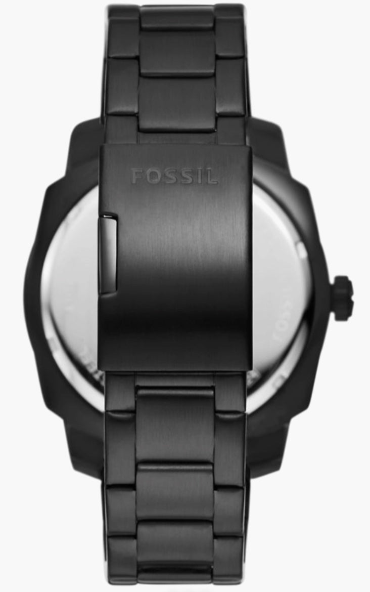 Fossil Machine all-black watch front view — black dial with knurled bezel
