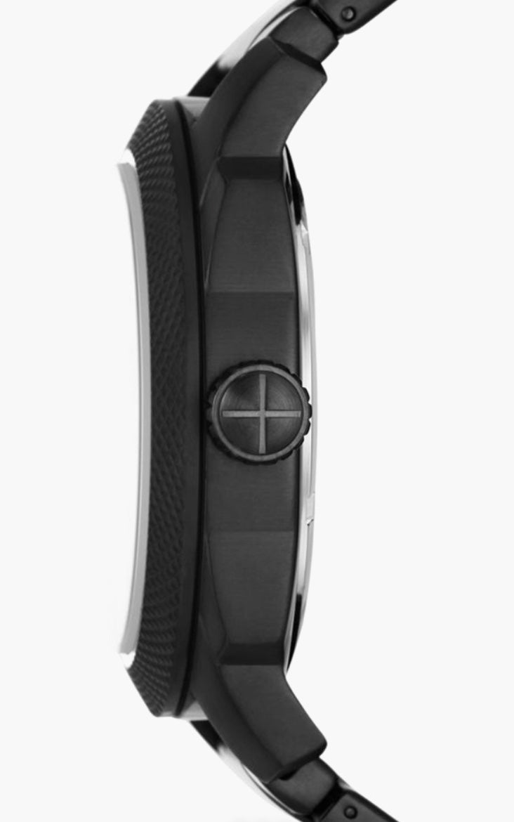 Fossil Machine all-black watch caseback view — embossed Fossil branding