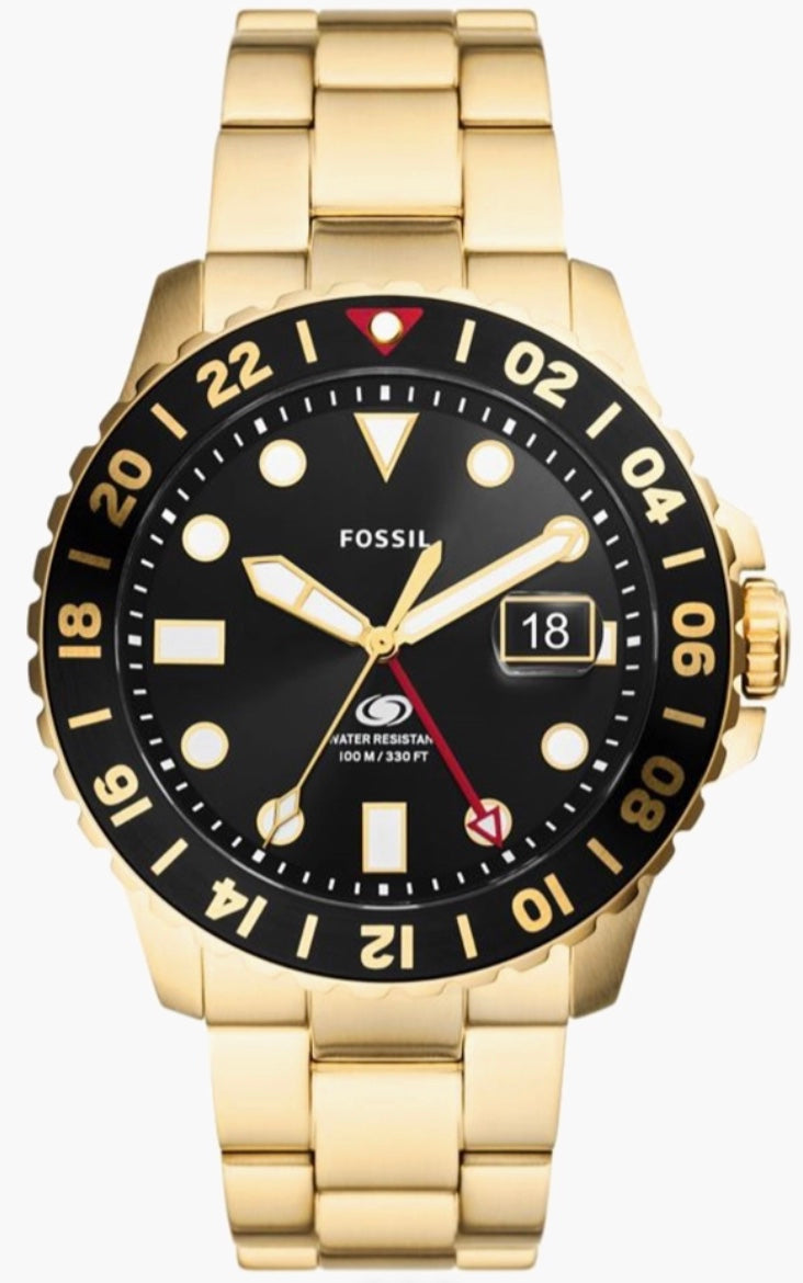 Fossil Blue GMT gold-tone watch front view — black dial with 24-hour rotating bezel