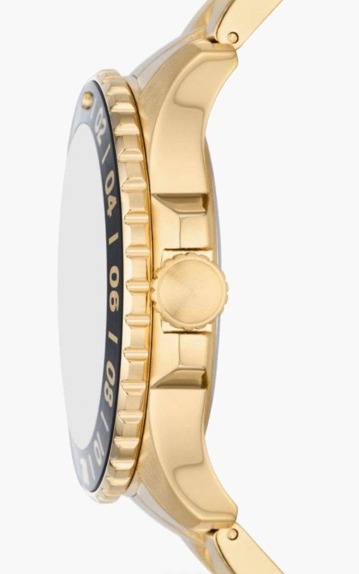 Fossil Blue GMT gold-tone watch caseback view — embossed Fossil branding