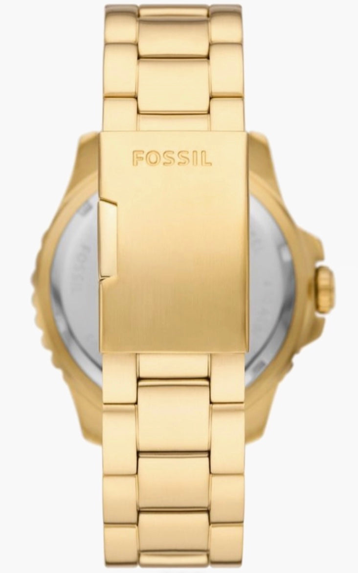 Fossil Blue GMT gold-tone watch side view — gold crown and bezel detail