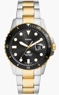 Fossil Blue two-tone diver watch side view — gold-tone bezel and crown detail