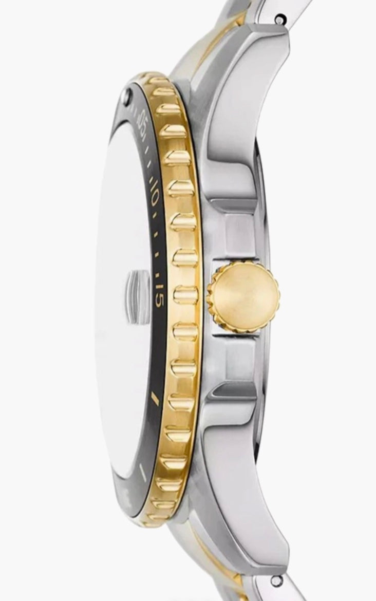 Fossil Blue two-tone diver watch caseback view — embossed Fossil branding