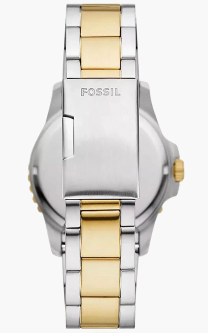 Fossil Blue two-tone diver watch front view — black dial with gold and silver bracelet