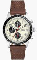 Fossil Sport Tourer Chronograph front view — cream dial with tachymeter bezel and brown leather strap