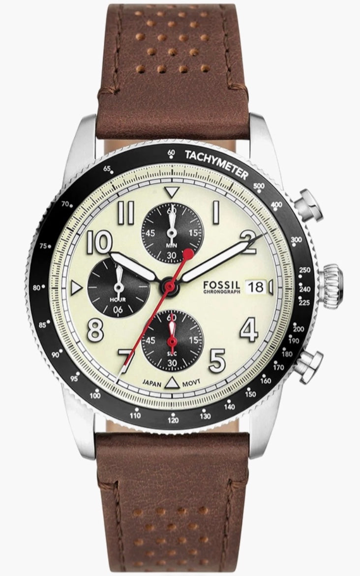 Fossil Sport Tourer Chronograph front view — cream dial with tachymeter bezel and brown leather strap