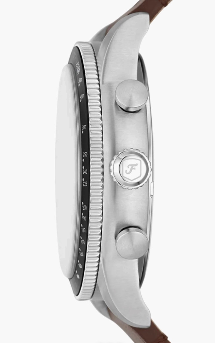 Fossil Sport Tourer Chronograph side view — silver pushers and branded F crown