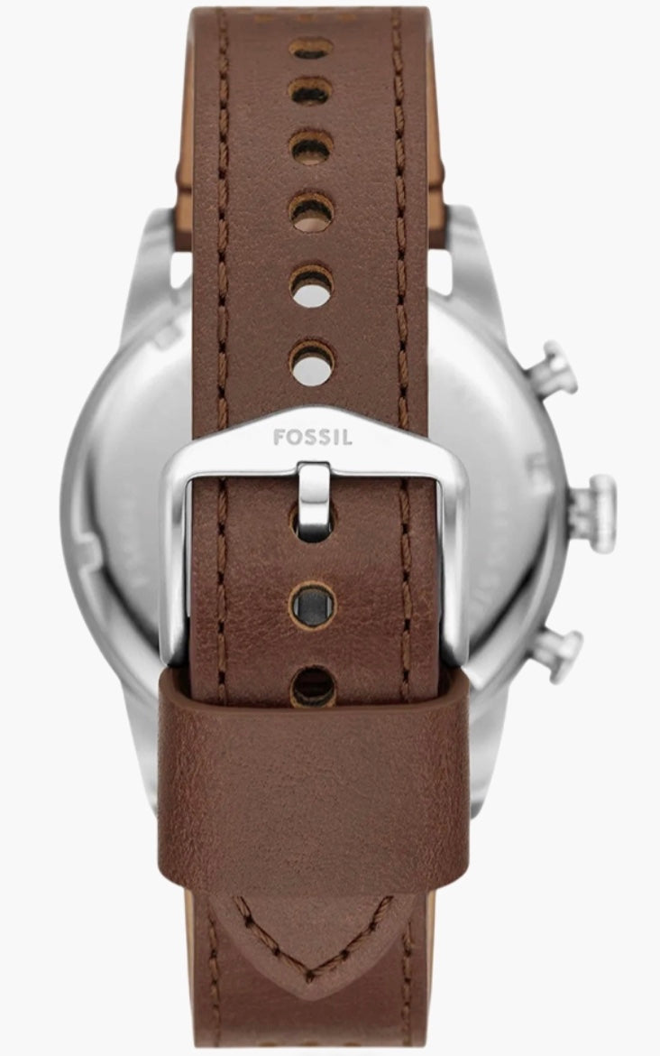 Fossil Sport Tourer Chronograph caseback view — brown perforated leather strap with Fossil buckle