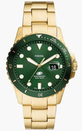 Fossil Blue green dial gold-tone watch front view — forest green dial with rotating bezel