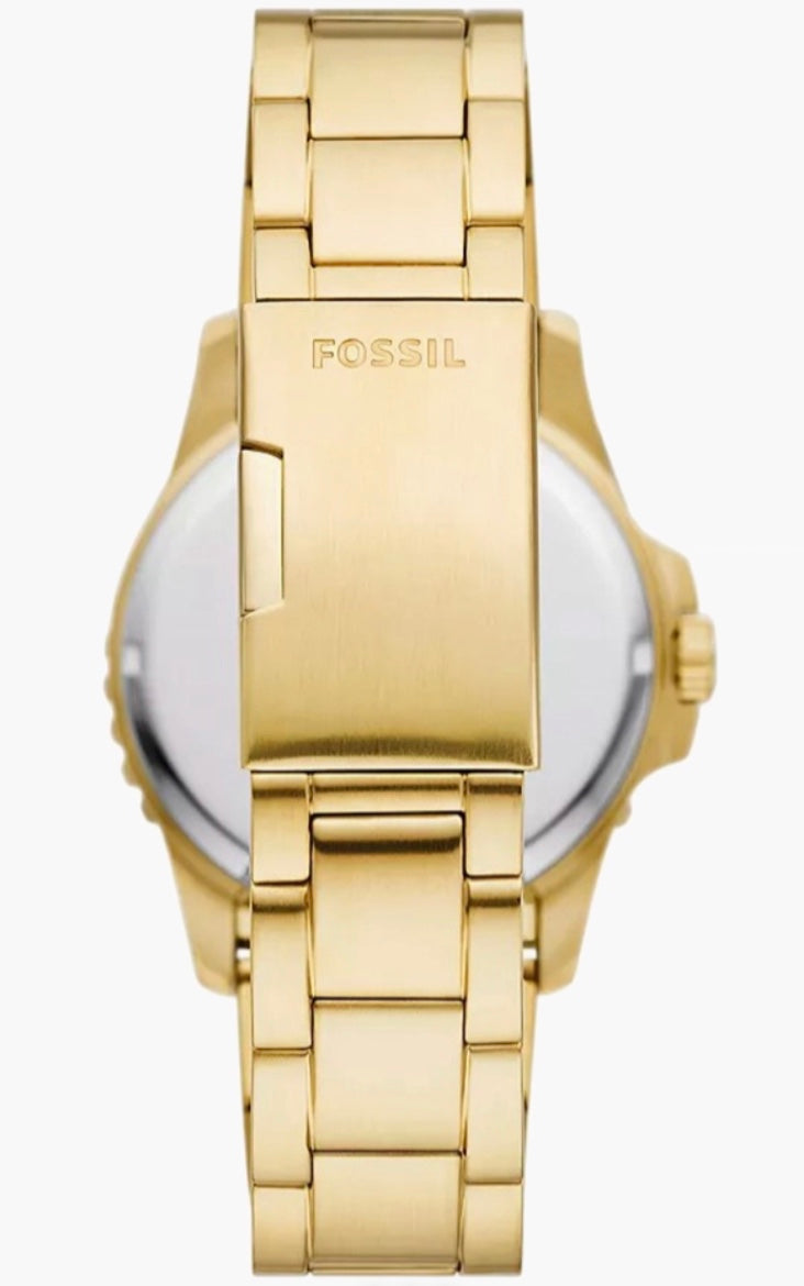 Fossil Blue green dial gold-tone watch side view — gold crown and bezel detail