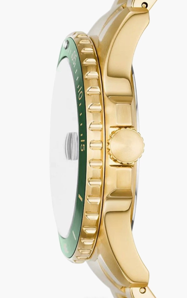 Fossil Blue green dial gold-tone watch caseback view — embossed Fossil branding
