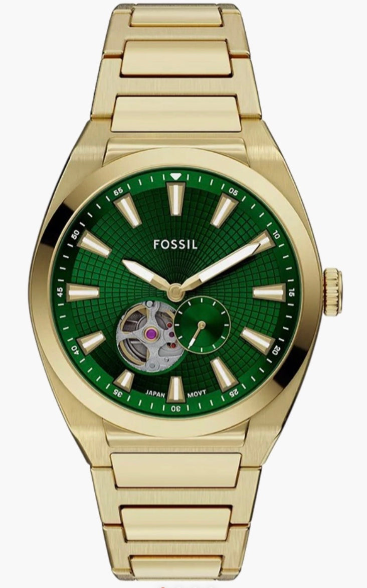 Fossil Everett Automatic front view — green guilloché dial with open-heart aperture