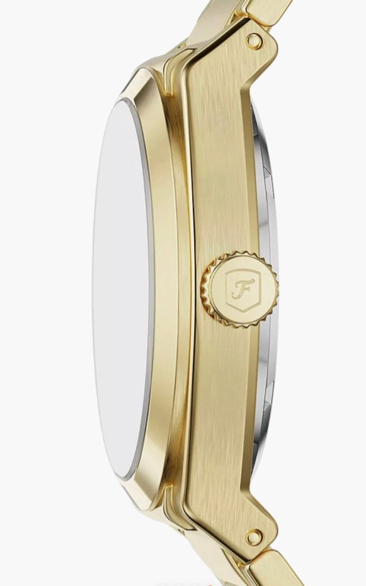 Fossil Everett Automatic three-quarter view — gold-tone integrated bracelet and cushion case