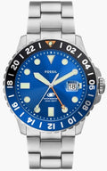 Fossil Blue GMT caseback view — stainless steel bracelet with Fossil deployant clasp