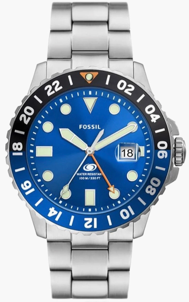 Fossil Blue GMT caseback view — stainless steel bracelet with Fossil deployant clasp