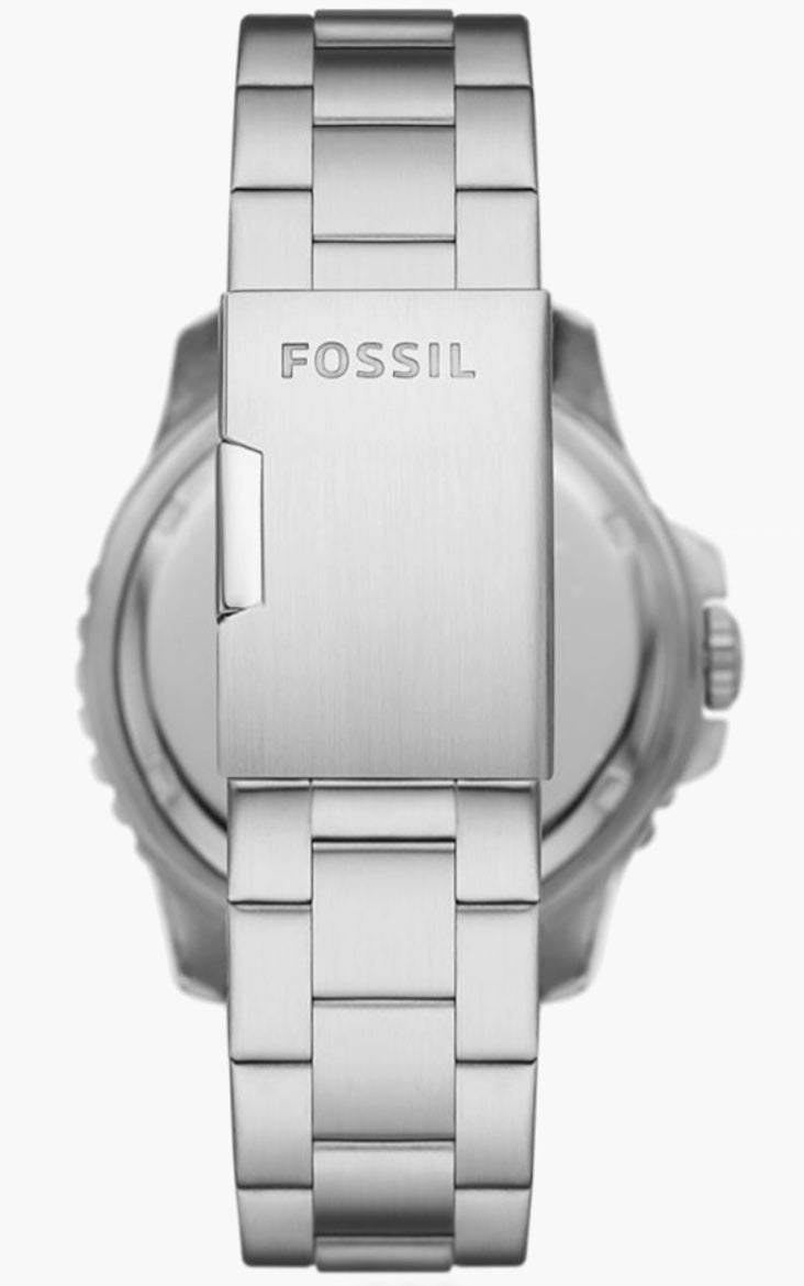 Fossil Blue GMT front view — blue sunray dial with Batman bezel and orange GMT hand