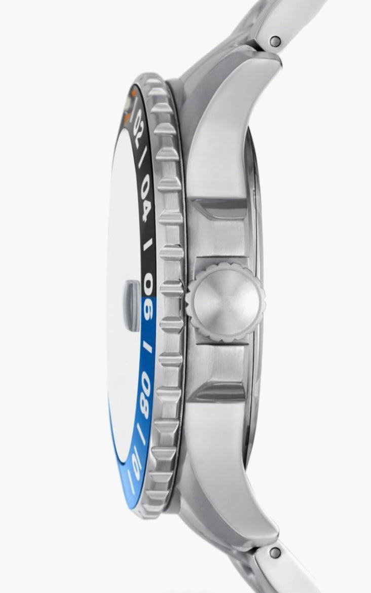 Fossil Blue GMT side view — silver-tone case with screw-down crown
